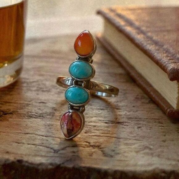 Southwestern Multi Turquoise & Carnelian Sterling Silver Ring Artisan Made Sz 8 - Picture 5 of 6